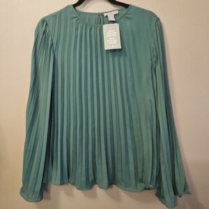 NWT H&M Women's Size S Green Pleated Longsleeve Blouse Top